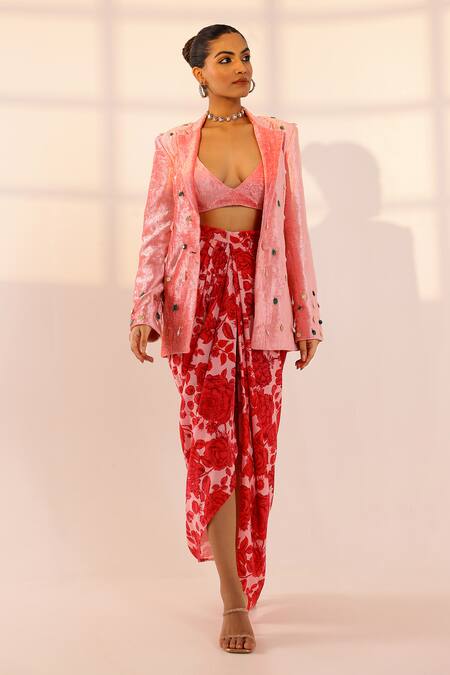 Shop Sanam Pink Velvet, Cotton Pearls, Stones, Embroidery Embellished Blazer And Skirt Set Online at Aza Fashions Shop_Sanam_Pink Velvet, Cotton Pearls, Stones, Embroidery Embellished Blazer And Skirt Set _Online_at_Aza_Fashions