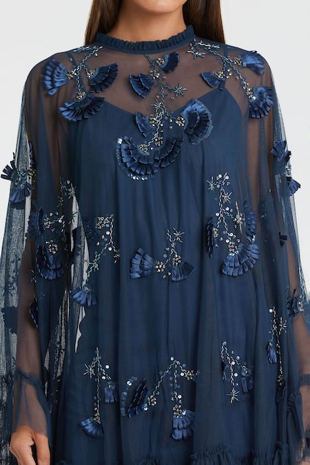 Mac Duggal_Blue Polyester Sequins Round Neck Embroidered Mini Dress _Online_at_Aza_Fashions