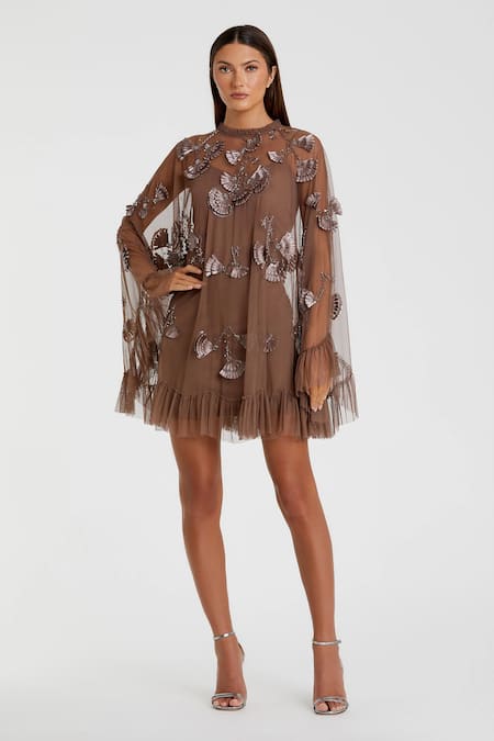 Mac Duggal Brown Sequin Embroidered Mini Dress 