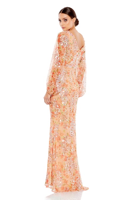 Shop_Mac Duggal_Peach Polyester Sequins Boat Neck Floral Gown _at_Aza_Fashions