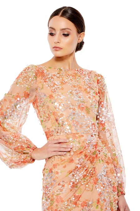 Mac Duggal_Peach Polyester Sequins Boat Neck Floral Gown _Online_at_Aza_Fashions