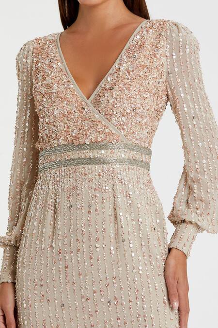 Mac Duggal_Beige Polyester Sequins, Beads V-neck Embroidered Midi Dress _Online_at_Aza_Fashions