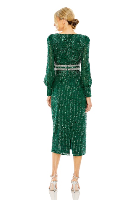 Mac Duggal Emerald Green Sequin Embroidered Midi Dress 