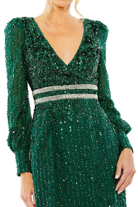 Mac Duggal_Green Polyester Sequins V-neck Emerald Embroidered Midi Dress _Online_at_Aza_Fashions