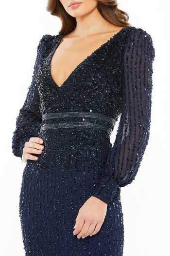 Mac Duggal_Blue Polyester Sequins V-neck Midnight Embroidered Midi Dress_Online_at_Aza_Fashions