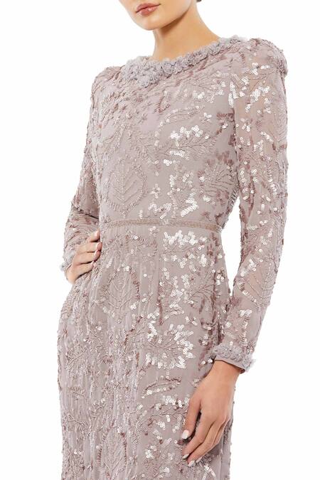 Mac Duggal_Purple Polyester Beads, Sequins Round Neck Embroidered And Midi Dress_Online_at_Aza_Fashions