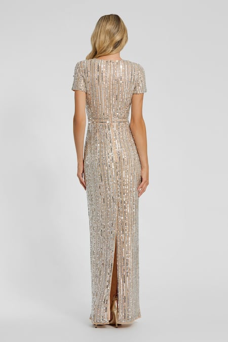 Shop_Mac Duggal_Beige Polyester Sequins Round Neck Embroidered Column Maxi Dress _at_Aza_Fashions