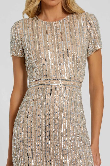 Mac Duggal_Beige Polyester Sequins Round Neck Embroidered Column Maxi Dress _Online_at_Aza_Fashions