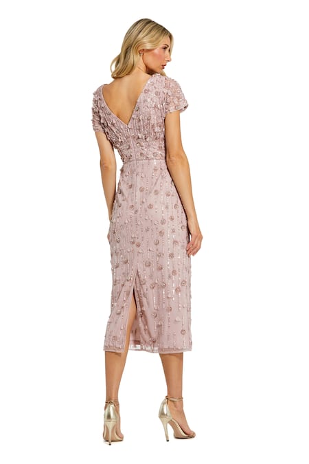 Shop Mac Duggal Pink Polyester Sequins Round Neck Floral Embroidered Midi Dress at Aza Fashions Shop_Mac Duggal_Pink Polyester Sequins Round Neck Floral Embroidered Midi Dress _at_Aza_Fashions