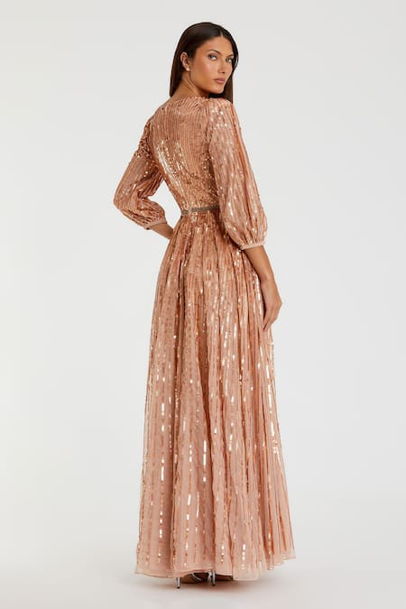 Shop_Mac Duggal_Peach Polyester Sequins V-neck Gold Embroidered Gown _at_Aza_Fashions