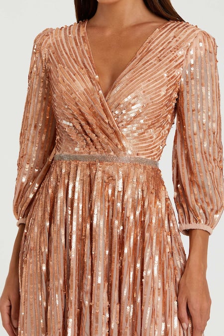 Mac Duggal_Peach Polyester Sequins V-neck Gold Embroidered Gown _Online_at_Aza_Fashions