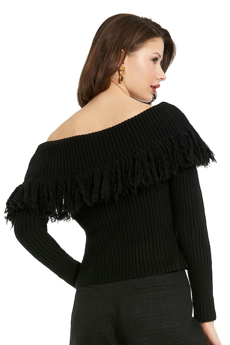 Mac Duggal Black Off Shoulder Fringe Sweater 