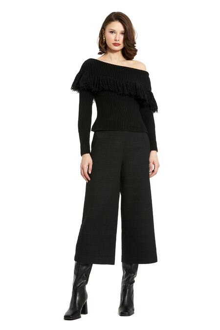 Mac Duggal_Black Fringe Off-shoulder Off Sweater _Online_at_Aza_Fashions