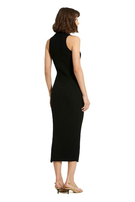 Mac Duggal Black Ribbed Knit Collared Dress 