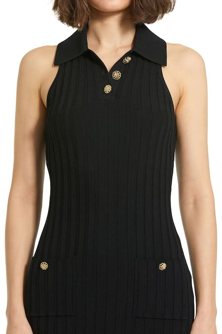 Mac Duggal_Black Rayon, Nylon Collared Ribbed Knit Dress _Online_at_Aza_Fashions
