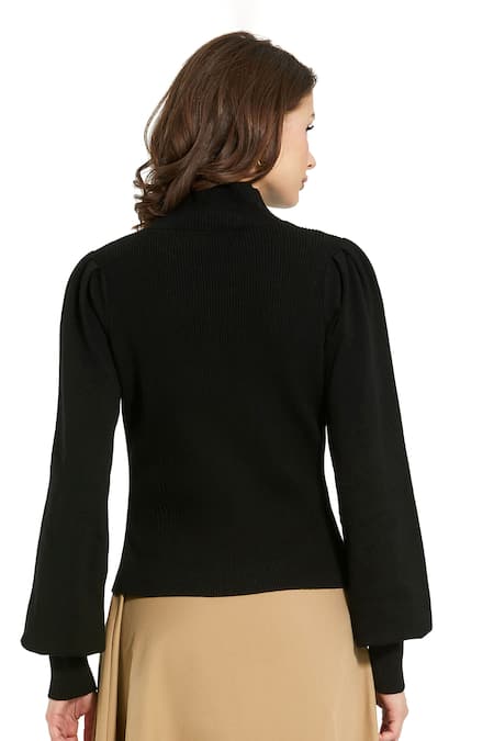 Mac Duggal Black Turtle Neck Ribbed Knit Sweater 
