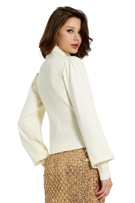 Mac Duggal Ivory Ribbed Turtle Neck Sweater 