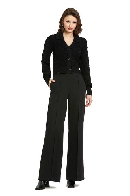 Mac Duggal_Black Polyester Collared Geometric Pattern Bobble Knit Cardigan _Online_at_Aza_Fashions