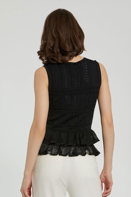 Mac Duggal Black Geometric Ruffled Knit Top 