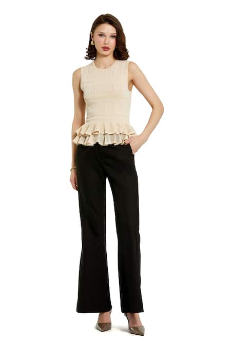 Mac Duggal Ivory Polyester Ruffles Round Neck Geometric Layered Knit Top Online at Aza Fashions Mac Duggal_Ivory Polyester Ruffles Round Neck Geometric Layered Knit Top _Online_at_Aza_Fashions