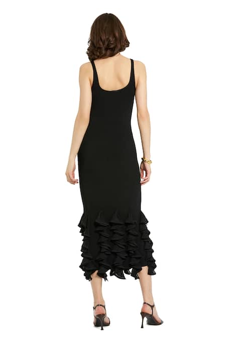 Shop Mac Duggal Black Polyester Ruffles Scoop Neck Ribbed Knit Midi Dress at Aza Fashions Shop_Mac Duggal_Black Polyester Ruffles Scoop Neck Ribbed Knit Midi Dress _at_Aza_Fashions