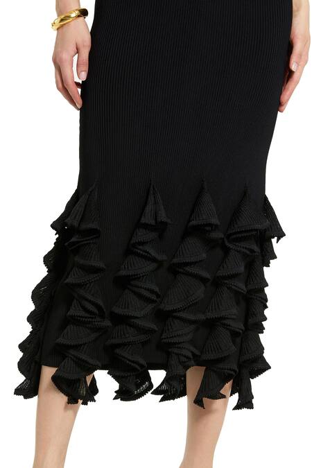 Mac Duggal Black Polyester Ruffles Scoop Neck Ribbed Knit Midi Dress Online at Aza Fashions Mac Duggal_Black Polyester Ruffles Scoop Neck Ribbed Knit Midi Dress _Online_at_Aza_Fashions
