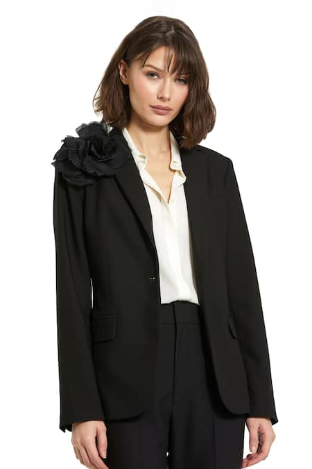 Mac Duggal Black Polyester Fabric Flowers Applique Blazer
