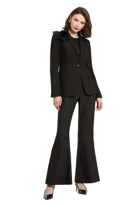 Mac Duggal_Black Polyester Fabric Flowers Applique Blazer _Online_at_Aza_Fashions
