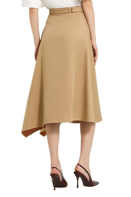 Shop_Mac Duggal_Beige Polyester Asymmetric Midi Skirt _at_Aza_Fashions