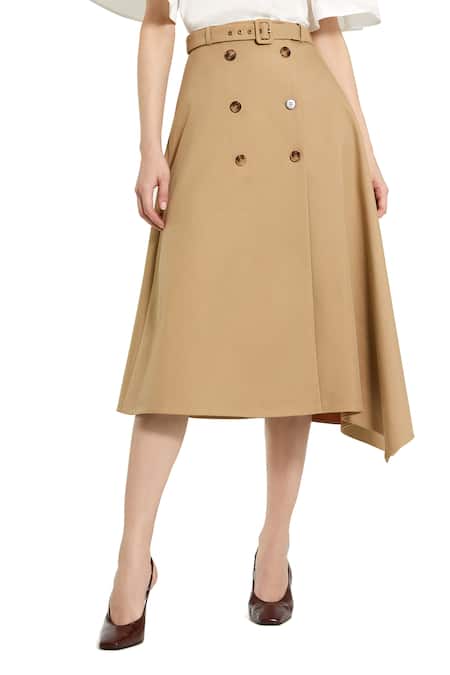 Mac Duggal_Beige Polyester Asymmetric Midi Skirt _Online_at_Aza_Fashions