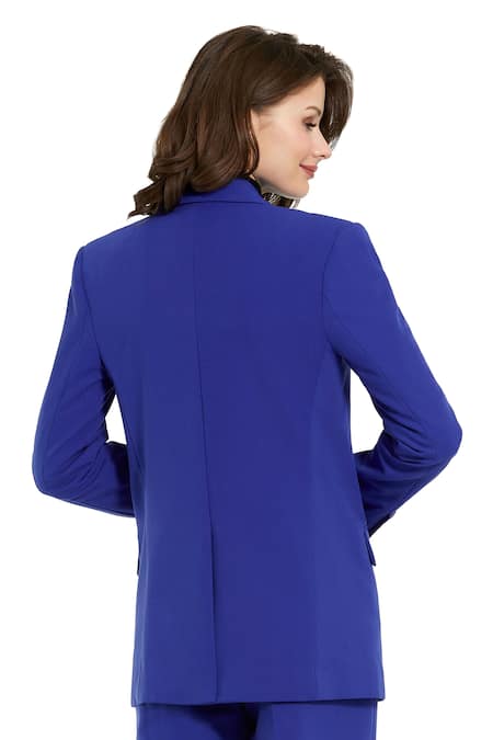 Shop Mac Duggal Blue Polyester Lapel Collar Solid Blazer at Aza Fashions Shop_Mac Duggal_Blue Polyester Lapel Collar Solid Blazer _at_Aza_Fashions