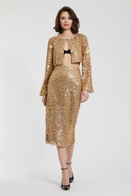 Mac Duggal_Gold Polyester Sequins Round Neck Geometric Embellished Cropped Cardigan _Online_at_Aza_Fashions