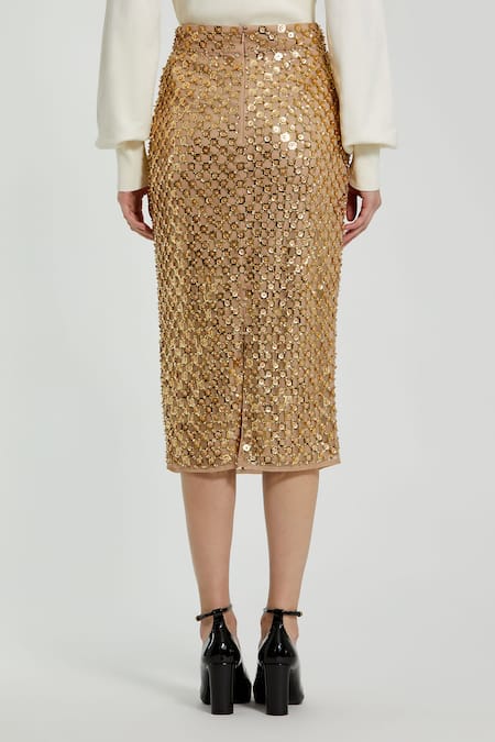 Shop Mac Duggal Gold Polyester Sequins, Beads Geometric Midi Pencil Skirt at Aza Fashions Shop_Mac Duggal_Gold Polyester Sequins, Beads Geometric Midi Pencil Skirt _at_Aza_Fashions