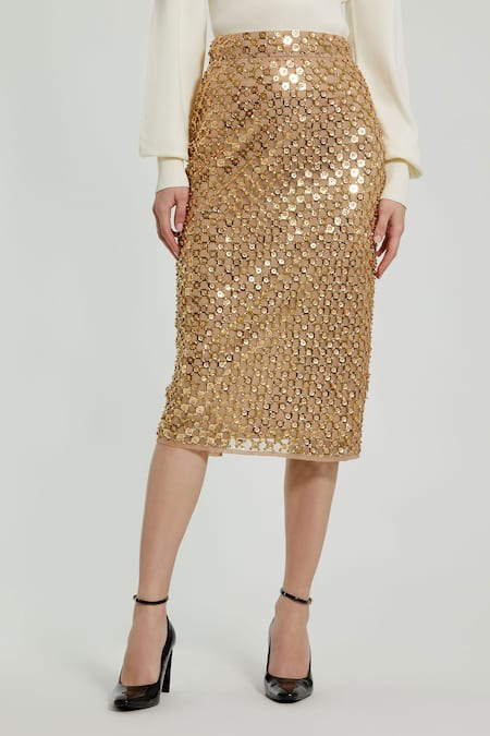 Mac Duggal Gold Polyester Sequins, Beads Geometric Midi Pencil Skirt Online at Aza Fashions Mac Duggal_Gold Polyester Sequins, Beads Geometric Midi Pencil Skirt _Online_at_Aza_Fashions