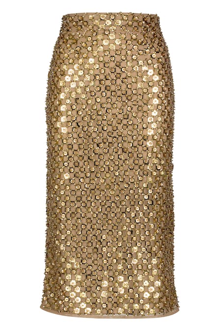 Buy Mac Duggal Gold Polyester Sequins, Beads Geometric Midi Pencil Skirt Online at Aza Fashions Buy_Mac Duggal_Gold Polyester Sequins, Beads Geometric Midi Pencil Skirt _Online_at_Aza_Fashions