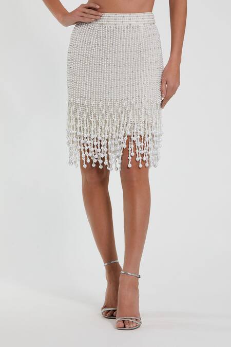 Mac Duggal_Ivory Polyester Pearls, Stones Embellished Beaded Mini Skirt _Online_at_Aza_Fashions