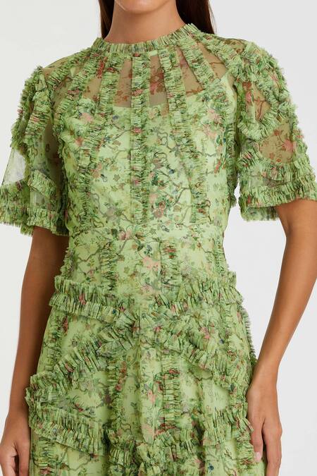Mac Duggal_Green Polyester Collared Floral Printed Criss-cross Frill Dress _Online_at_Aza_Fashions