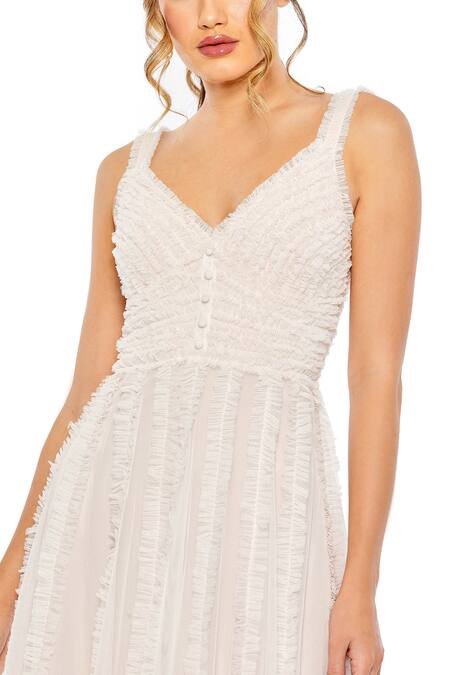 Mac Duggal_Ivory Polyester V-neck Pleated Frilled Solid Midi Dress _Online_at_Aza_Fashions