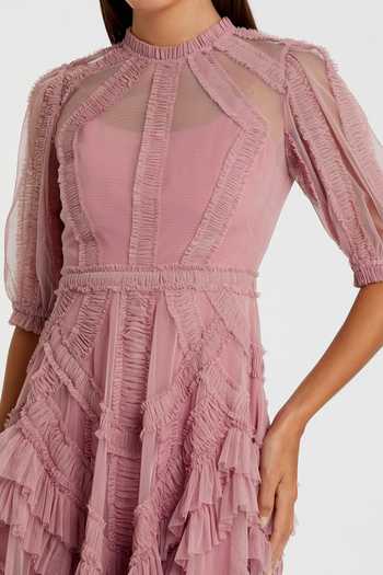 Mac Duggal_Purple Polyester Ruffles Collared Lilac Frilled Asymmetric Midi Dress _Online_at_Aza_Fashions