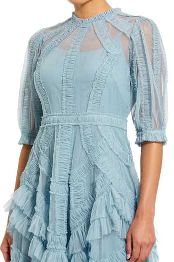 Mac Duggal_Blue Polyester Fringe Collared Frilled Criss Cross Asymmetric Midi Dress _Online_at_Aza_Fashions