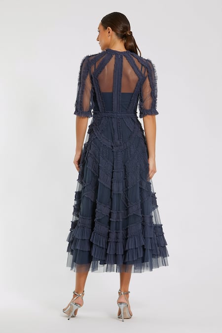 Shop Mac Duggal Blue Polyester Collared Midnight Frilled Midi Dress at Aza Fashions Shop_Mac Duggal_Blue Polyester Collared Midnight Frilled Midi Dress _at_Aza_Fashions