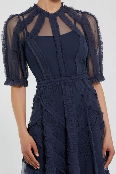 Mac Duggal Blue Polyester Collared Midnight Frilled Midi Dress Online at Aza Fashions Mac Duggal_Blue Polyester Collared Midnight Frilled Midi Dress _Online_at_Aza_Fashions
