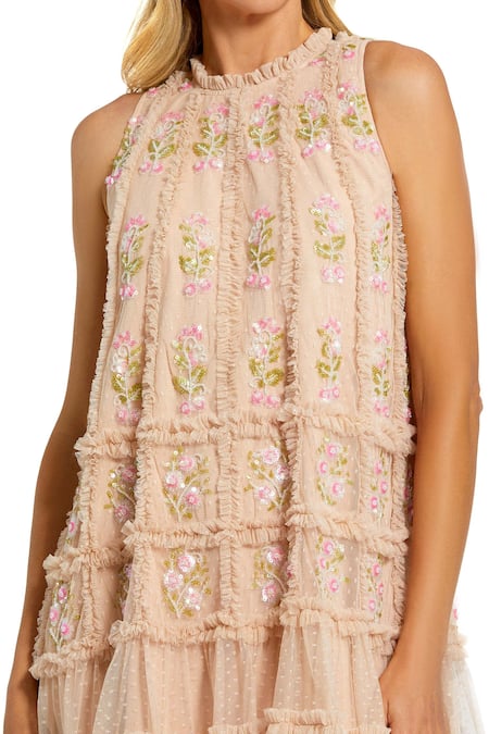 Mac Duggal_Beige Polyester Sequins, Beads Collared Floral Embellished Dress _Online_at_Aza_Fashions