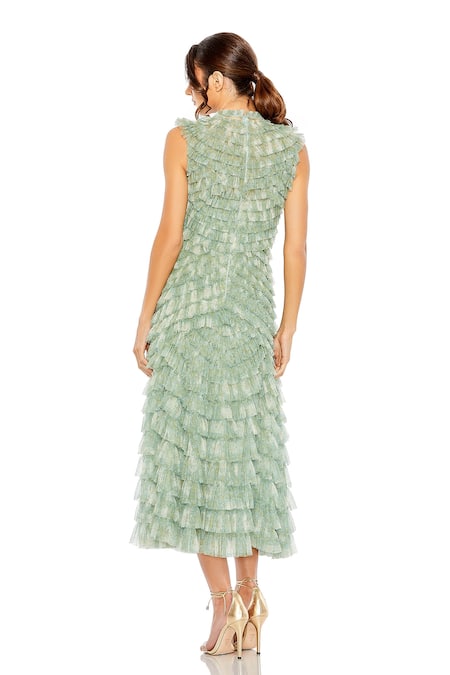 Shop Mac Duggal Green Polyester Ruffles Collared Floral Printed Frilled Midi Dress at Aza Fashions Shop_Mac Duggal_Green Polyester Ruffles Collared Floral Printed Frilled Midi Dress _at_Aza_Fashions