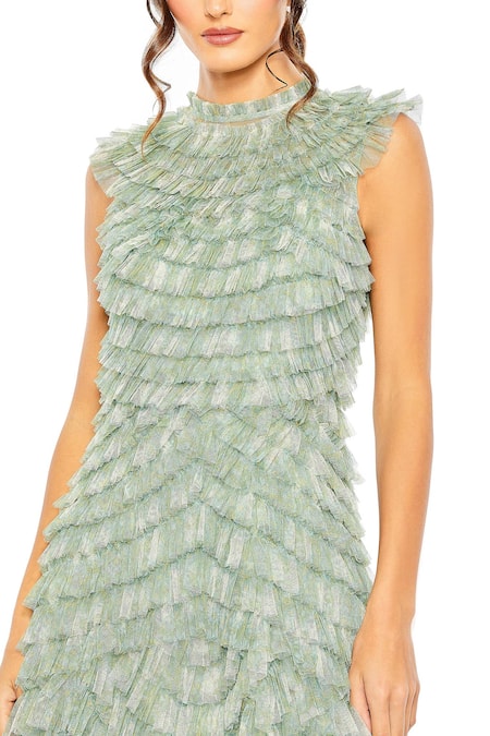 Mac Duggal Green Polyester Ruffles Collared Floral Printed Frilled Midi Dress Online at Aza Fashions Mac Duggal_Green Polyester Ruffles Collared Floral Printed Frilled Midi Dress _Online_at_Aza_Fashions