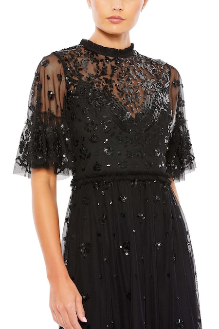 Buy_Mac Duggal_Black Polyester Sequins Collared Floral Embellished Dress _Online_at_Aza_Fashions