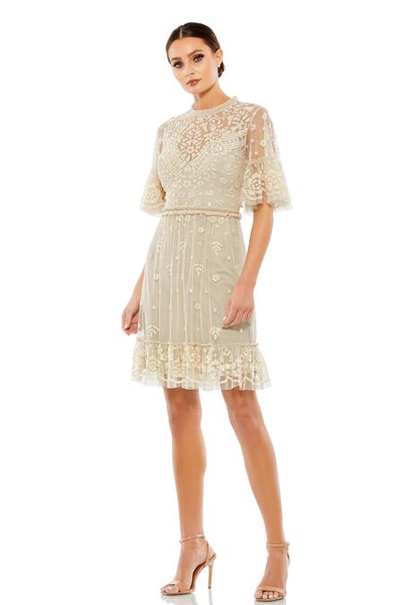 Mac Duggal Beige Polyester Sequins Collared Floral Embellished Dress