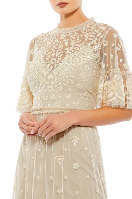 Mac Duggal_Beige Polyester Sequins Collared Floral Embellished Dress_Online_at_Aza_Fashions