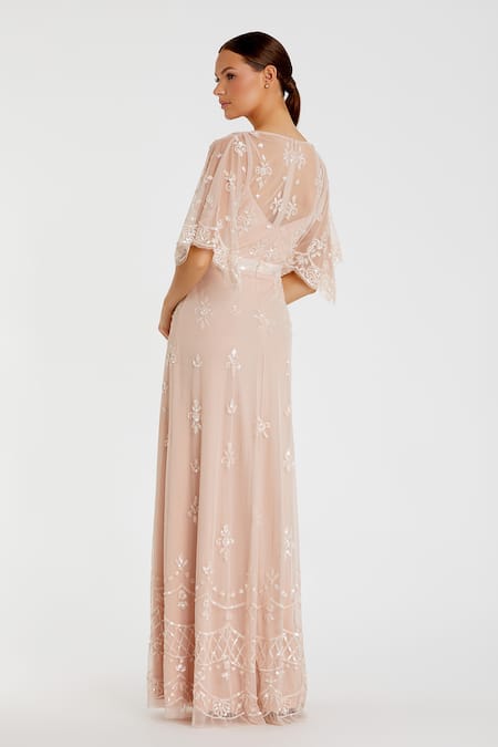 Shop_Mac Duggal_Pink Polyester Sequins V-neck Floral Embellished Gown _at_Aza_Fashions