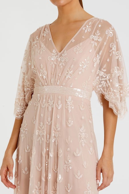 Mac Duggal_Pink Polyester Sequins V-neck Floral Embellished Gown _Online_at_Aza_Fashions